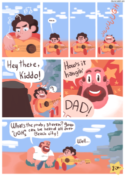 khozen:  comic practice with steven and greg!! just my lil take on how steven could have gotten his ukulele…the inspiration for this one came from this time when i was about ten and wanted to try learning guitar with my dad, the first thing he taught