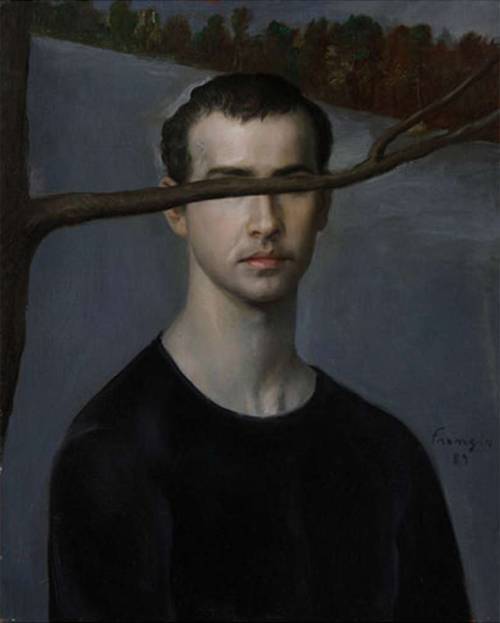 thunderstruck9:Lino Frongia (Italian, b. 1958), Autoritratto come veggente [Self-portrait as a Seer], 1989. Oil on board, 59 x 48 cm.