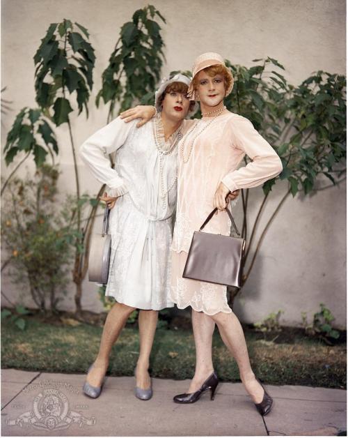 humphreydeforestbogart-blog:  Tony Curtis and Jack Lemmon on the set of Some Like It Hot directed by Billy Wilder, 1959. 