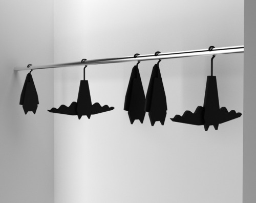 cutesign:  Clothes hangers, by Veronika Paluchova, were modeled after the night creatures that hang upside down in the dark. The wardrobe or closet are usually dark places perfect for bats to live in. When the hangers are not in use, the bat wings