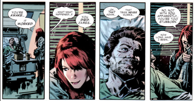 A set of four comic-book panels that depict Bucky lying in a hospital bed with Natasha at his bedside. He wakes up and asks her what happened. 