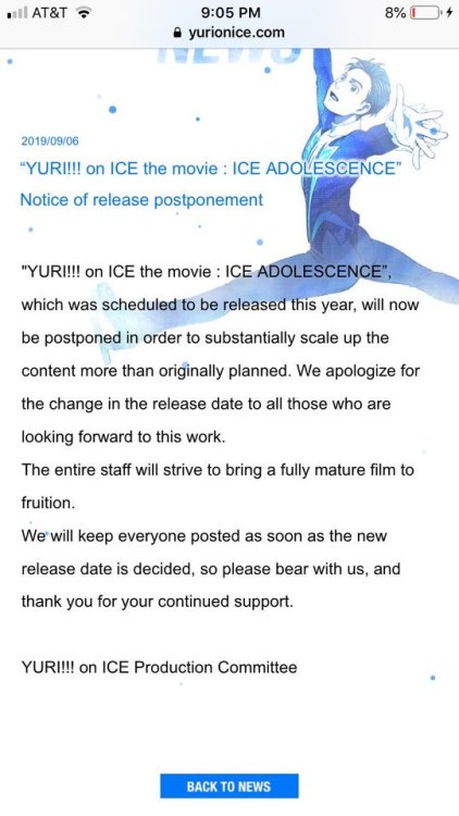 yoi-archive: Yuri!!! On Ice news!!!The official PR team released a statement today (06.09.2019) that