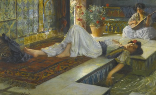 Afternoon Repose.Oil on board.50 x 79.5 cm.Art by Ferdinand Max Bredt.(1868-1921).