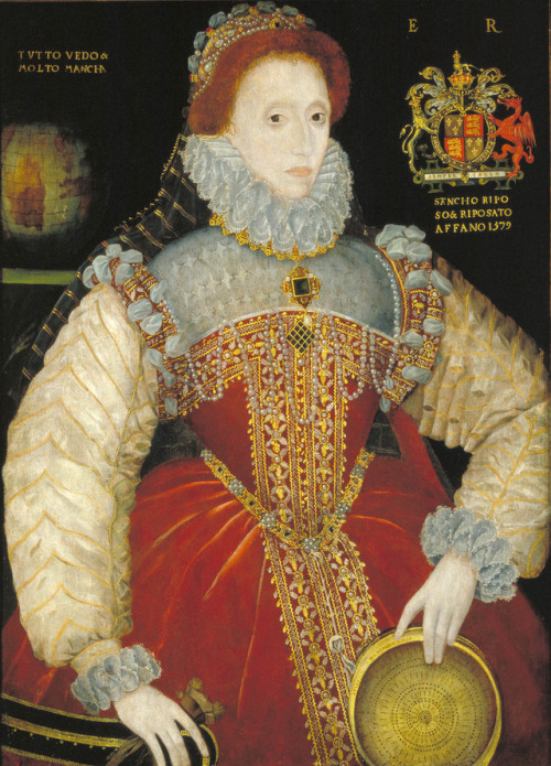 Elizabeth I poses holding a sieve, 1579, by George Gower. The sieve is an ancient symbol of virginit