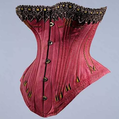 historicalgarments1:1883- 1886 corset from Spain. made of cotton ticking, cotton lace, and silk sati