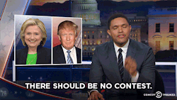 flaminganakin:  von–gelmini:  thedailyshow:                    Trevor breaks down the presidential race between Hillary Clinton and Donald Trump.      It’s not the “lesser of two evils”, it’s “eh maybe she’s not that great” vs “real
