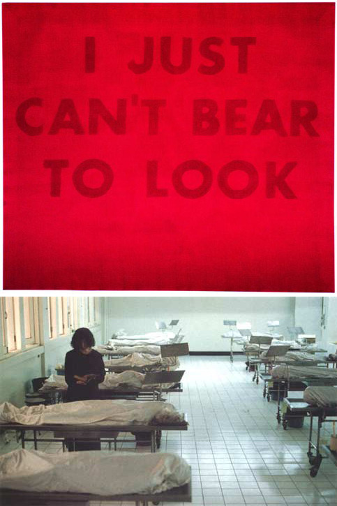 fette:
“ Top, Ed Ruscha, I Just Can’t Bear to Look, 1973, Egg white on satin, 91,4 x 101,6 cm. Via. Bottom, screen capture/performance by Araya Rasdjarmrearnsook, Reading for male and female corpses, 1998. Via.
–
Another witness testified that Brown...