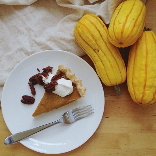 Delicata pie, spiced lardy pecans, soft sour cream whip. #holidaybaking