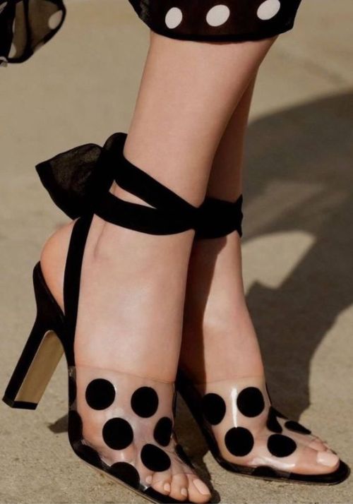 hottest-shoes:Paul Andrew “Caro” Ankle-wrap Sandals in transparent PVC with black-suede polka dots a