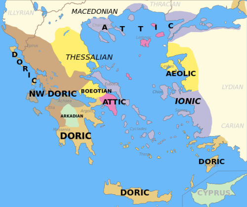 aegean-okra: Distribution of Greek dialects in the classical period. Western group: Doric proper, No