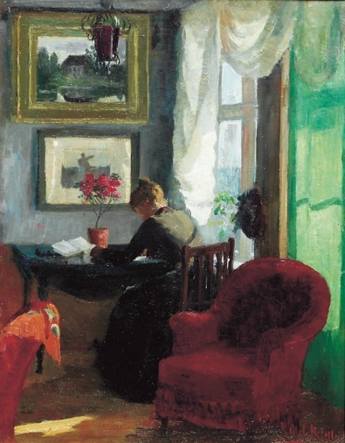 books0977: Interior with red chair. Kitty Kielland (Norwegian, 1843-1914). Oil on board. A
