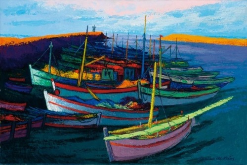 Jannes De Vries (1901 - 1986) - Harbour of Vilamoura in Portugal. Oil on canvas.