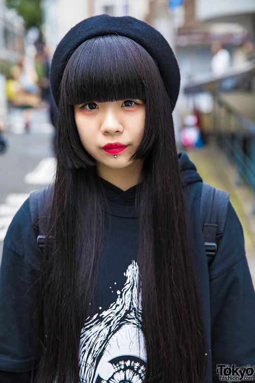tokyo-fashion:Naho on the street in Harajuku wearing a resale hoodie dress with fishnets, creepers, 