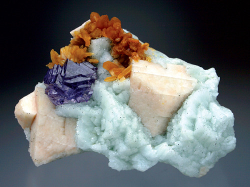 Purple Fluorite, Microcline, Albite and Stilbite - Poland