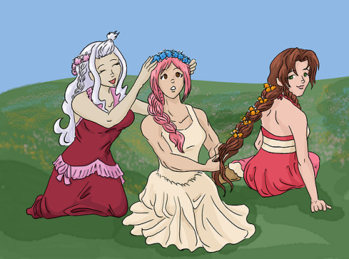 Part of my One Piece, Kingdom Hearts and Fairy Tail crossover series. Mirajane, Rebecca and Aerith. 