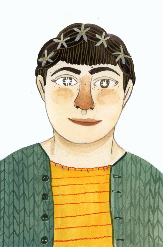 A tiny warmup portrait from the other day. Thinking about quilt patterns, daisy symbolism, and missing wearing cardigans.