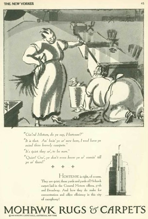 thehistoryofheaviness:1929 ad in The New Yorker featuring two stout cleaning ladies extolling the vi