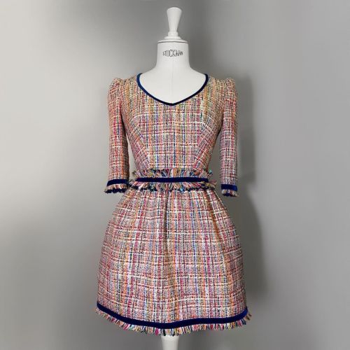 Multicolor tweed dress with blue velvet ribbons and belt from colored threads #misscandy #bemisscand