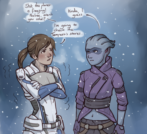 critter-of-habit:Voeld is like -50c and Peebee is running around with all that skin exposed to the c