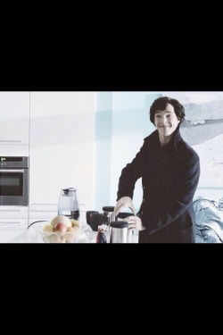 aobasflamingcrotch:  But can you imagine waking up and Sherlock is just standing there making you tea or coffee and he looks up and smiles because he sees you