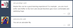 askmeadowlark:  …Okay, I will concede that the hugs are nice.I am not used to another being that is warmer than I am. It is comforting somehow… as if… it reminds me of…………You smell like cake batter.  Aww :3