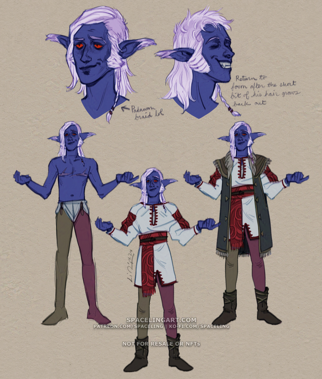 Concept sketches of an elf. There are two portraits side by side: both are 3/4 view, or thereabouts, and show two different hairstyles. He has purplish-blue skin, white hair with light purple roots, and red eyes. Underneath the portraits is the same elf in smallclothes similar to the first elf with two different coloured hose, one red and one brown. The second outfit has the addition of an embroidered top with large sleeves, and leather boots. The third outfit has the addition of a sleeveless coat.