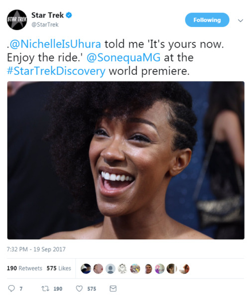 startrekdsc:Tweet from Nichelle Nichols: @SonequaMG, an honor to see you on this momentous day. Can’