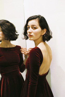 americanapparel:  Haya in the NEW Long Sleeve Velvet Skater Dress. 