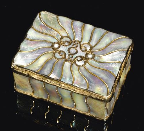 A Gold And Mother Of Pearl Snuff Box, Probably German, 19th Century Rectangular, The Exterior Veneered
