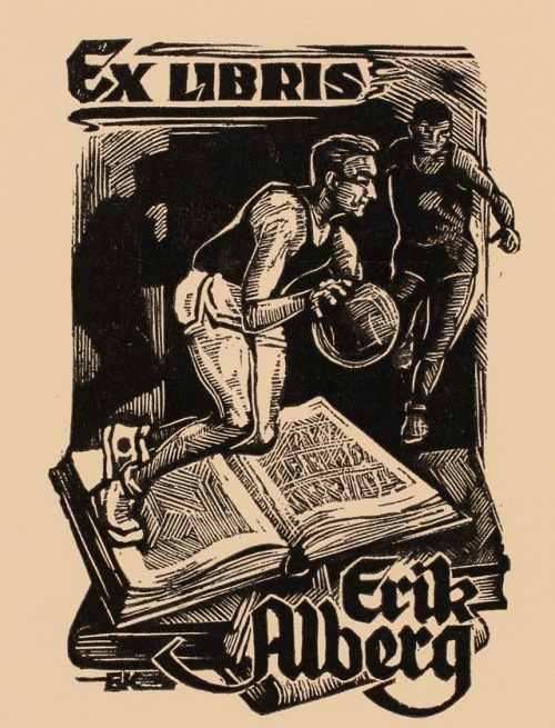 Erik Alberg bookplate. Artist: Enn Kera.Basketball player dribbles on an open book as a second playe