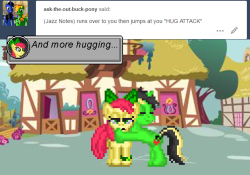 ask-the-out-buck-pony: glapplebloom: ((@ask-the-out-buck-pony‘s Pony always gets a hug eventually.)) Not even the green lantern corps can escape a hug attack from this light green filly (Jazz Notes) YAY more hugs *squee*  x3 D’aww~