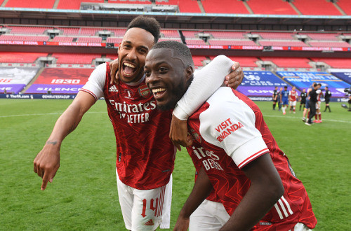 picturesofthearsenal:Pierre-Emerick Aubameyang and Nicolas Pepe of Arsenal celebrate after the FA Cu