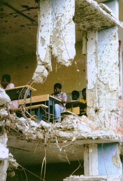 ripening-under-the-sun: bealltruth:  3rdeyechicago:   Photo by John Fink: Students having classes in a destroyed school, Angola, 1997   Wow  the rose that grew out of concrete. 