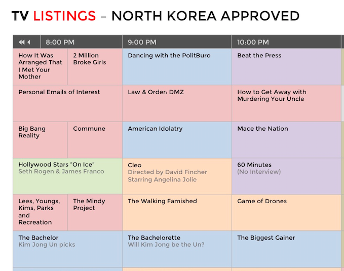 The North Korea–approved 2015 TV Grid
Now that North Korea runs Hollywood, television is going to look a bit different in the new year.
See the full schedule.