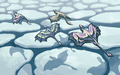 Quick, late night drawing of an image that got stuck in my head. Tundras soaring over ice floes. 