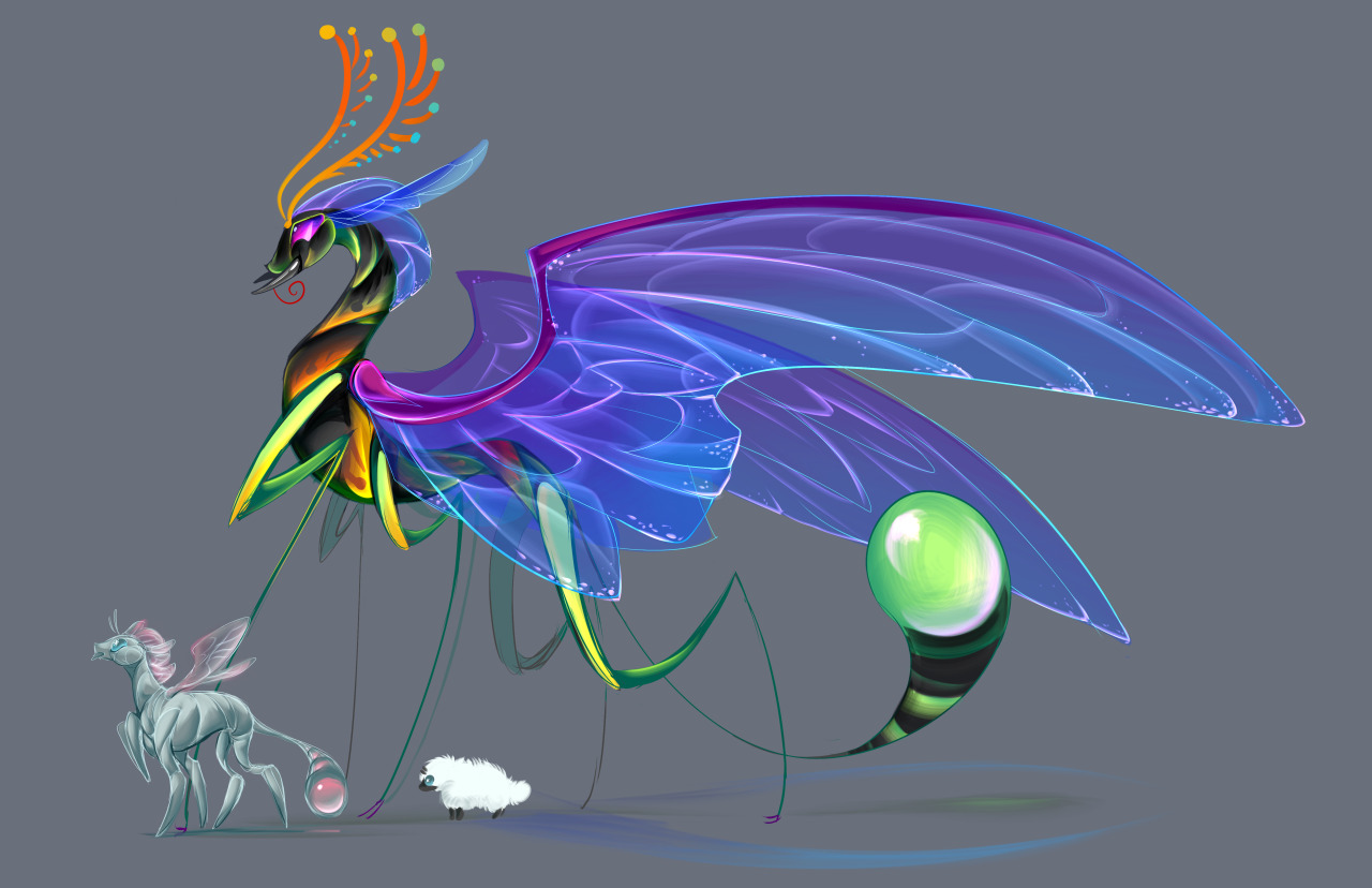 Thorax, a healed changeling. His carapace is surging with iridescent greens and oranges, and his wings are glittering,vibrant blue without a single tear to be seen. He holds his head up high and stands confidently. His tail has is a healthy, round bulb with enough magic for him to thrive. No more, no less.   At his feet, a small, Ocellus the light blue changeling looks forward with uncertain hope. Her legs are stubby rather than thin. Her wings and tail bulb are pink. Behind her is a newborn larval changeling, which has a dark face and stubby legs sticking out of white downy fluff.