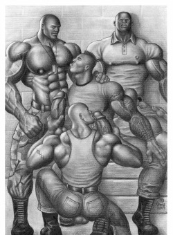 gayeroticartarchive:  art by Chris Muscled SKINHEADS live off each other’s body fluids: muscle building cum cream, anus honey and urine.   Woof