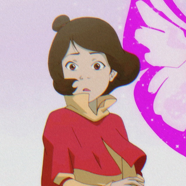 an icon of jinora from the legend of korra in the spirit world. she is in front of a big pink butterfly spirit and turns to look at korra, which is past the viewer. her expression is concerned.