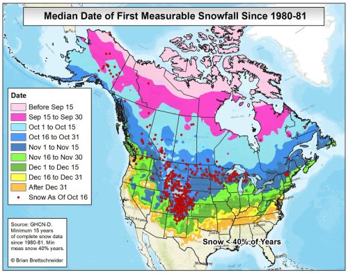 mapsontheweb:  When does the first measurable snowfall typically occur and who already has observed snow? Places in magenta, purple, and cyan are now past the date when their first snow should have occurred. Red dots indicate where snow has happened.