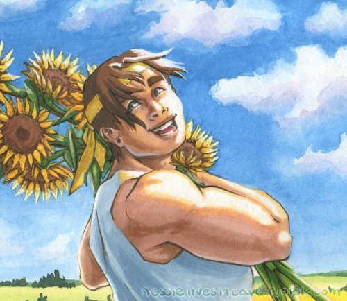 nessielivesincave:A gift for @daimeiwakuvld, happy Hunk with sunflowers :D 