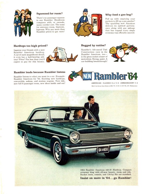 1964 Rambler American 440-H Hardtop. Insist on more in ‘64… go Rambler! Source: Time Ma