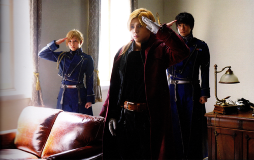 Movie stills of Roy Mustang (Dean Fujioka) and Riza Hawkeye (Renbutsu Misako) ft. Edward Elric (Yama