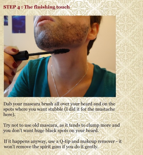 daisencosplay:  A lot of people asked me about my Godot beard, so here’s a full tutorial ! :DRemember to moisturize your face after removing your beard, spirit gum can be hard on sensitive skin~ 