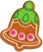 sticker of a gingerbread cookie shaped and decorated like a christmas bell, with green and red frosting.