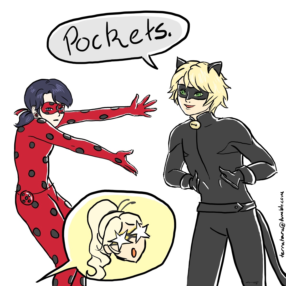 dzamie: terratara:   Chat Noir has what every girl in the world wants, pockets. This