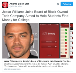 dynastylnoire:  destinyrush:  Jesse Williams Joins Black-Owned Tech Company Scholly To Help Students Find Scholarships. Jesse Williams is a gift to humanity that just keeps on giving. We all remember his woke speech at the 2016 BET Awards. This time Jesse