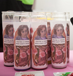 churchofclueless:An instant classic: devotional pillar candles (from now-defunct Etsy shop TheMall)