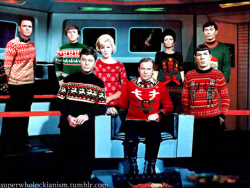 treehugger52:  not-in-front-of-the-klingons:  superwholockianism:  Ugly Sweater Day on the Enterprise (x)  merry trekmas  Couldn’t resist 