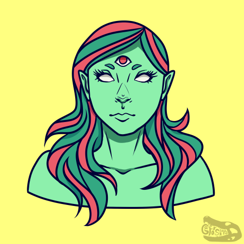 [ID: A digital drawing of a bust of a person with mint green skin. They have medium length wavy hair