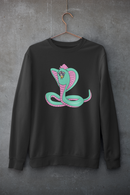 Cobra snek Furby lookin fierce on a crewneck sweater. www.etsy.com/listing/834843002/fu